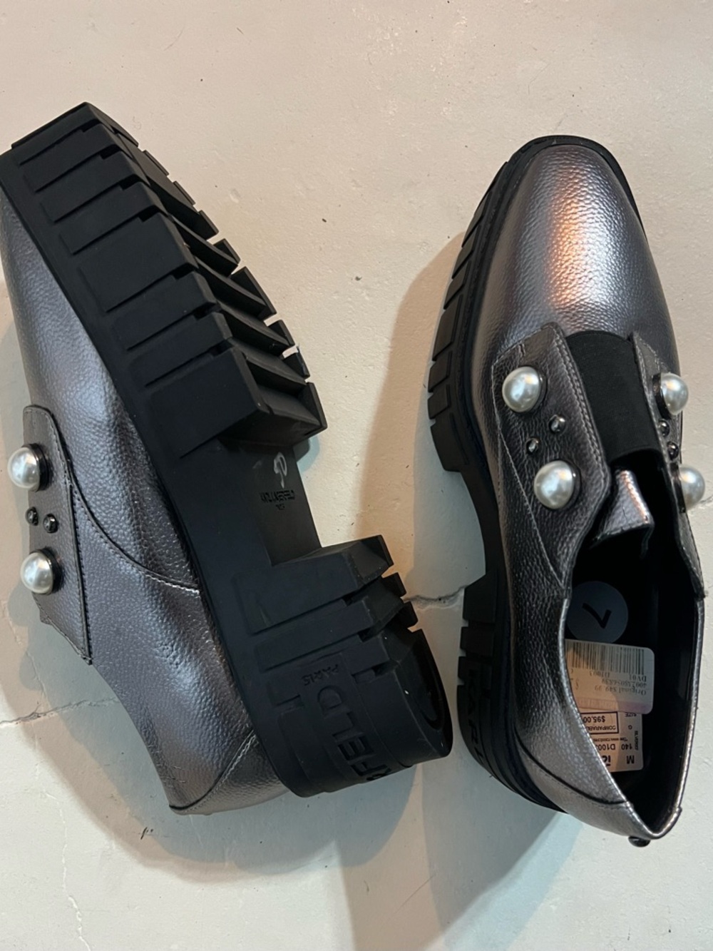 Karl Lagerfeld Metallic Silver Pearl-Accent Platform Loafers